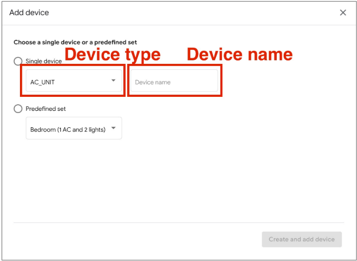 รูปภาพนี้แสดงเครื่องมือ UX สำหรับการเพิ่มประเภทอุปกรณ์ใหม่ใน Google Home Playground
