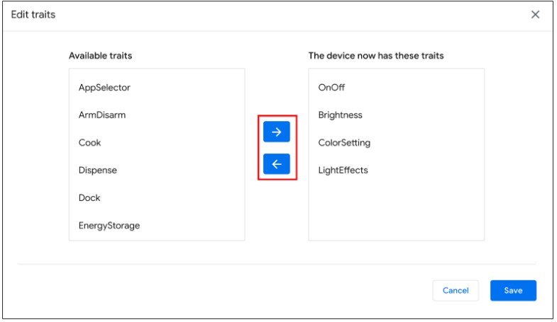這張圖片顯示 UX 工具，可在 Google Home Playground 中新增或刪除所選裝置的支援特徵。